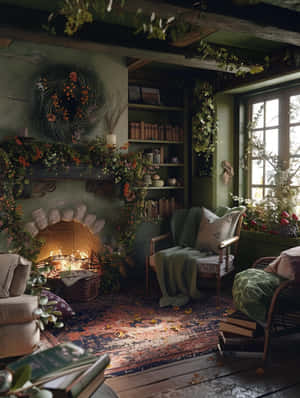 Goblincore Cozy Fireplace Room Wallpaper