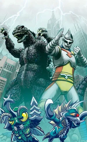 Godzilla_ Megalon_ Jet Jaguar_ City Battle_ Artwork Wallpaper