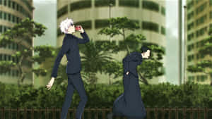 Gojo Drinking Soda While Walking With Geto Wallpaper