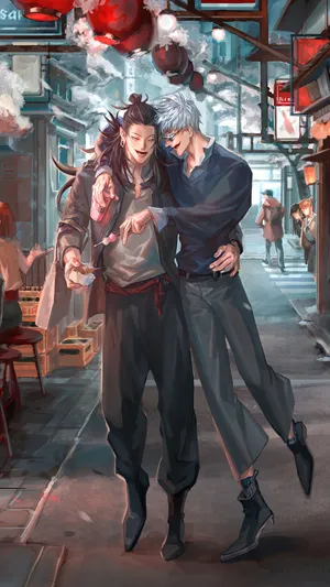 Gojoand Geto Strolling Through Market Wallpaper