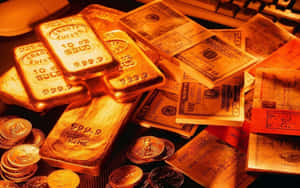 Goldand Currency Wealth Display Wallpaper