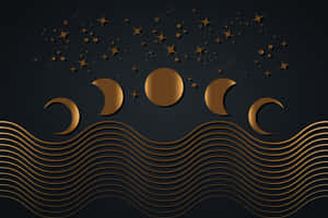 Golden Celestial Wavesand Phasesof Moon Wallpaper