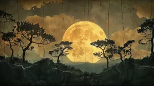 Golden Moonrise Over Silhouetted Forest Wallpaper