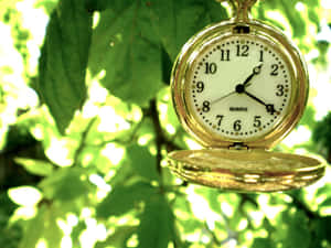 Golden Vintage Pocket Watch Nature Backdrop Wallpaper