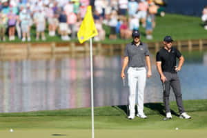 Golfers Watching Ball Near Pond Wallpaper