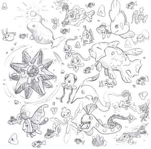 Gorebyss And Other Water Pokémon Sketch Wallpaper