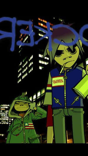 Gorillaz Iphone 2d And Noodle Doing Graffiti Wallpaper