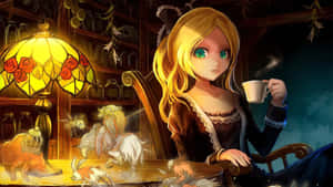 Goth Anime Girl In Cafe Wallpaper