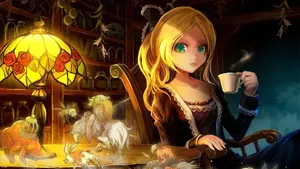 Goth Anime Girl In Cafe Wallpaper