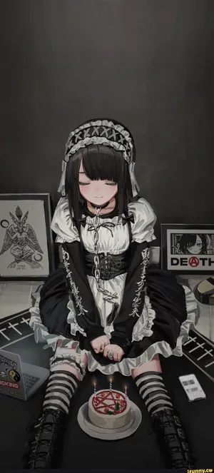 Goth Anime Maid In Front Of Pentagram Cake Wallpaper