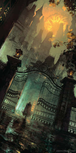 Gothic_ Gates_and_ Glowing_ Figure Wallpaper