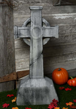 Gothic Gravestone With Creeping Plants At A Haunted Cemetery. Wallpaper