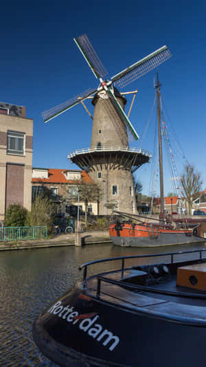 Gouda Windmilland Boat Netherlands Wallpaper