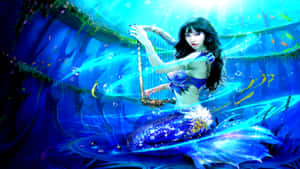 Graceful Mermaid Playing A Harp Wallpaper