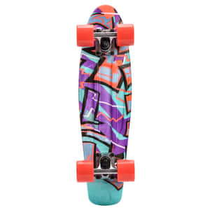 Graffiti Print Skateboardwith Orange Wheels Wallpaper