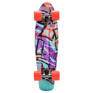 Graffiti Print Skateboardwith Orange Wheels Wallpaper