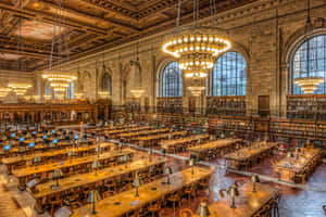 Grand Library Interiorwith Chandeliers Wallpaper