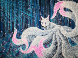 Gray And Pink Nine Tailed Fox Wallpaper