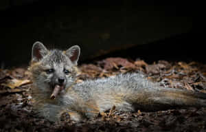 Gray Fox Pup Chewing Stick Wallpaper