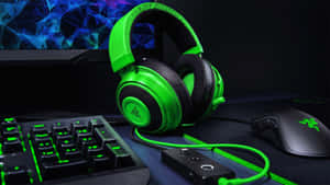 Green Black Gaming Headset Setup Wallpaper