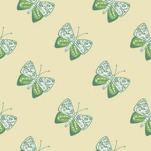 Green Butterfly Pattern Beige Background Wallpaper