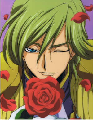 Green Haired Anime Characterwith Red Rose Wallpaper