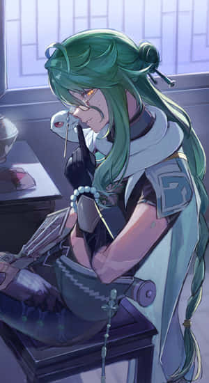 Green Haired Character Studying Wallpaper