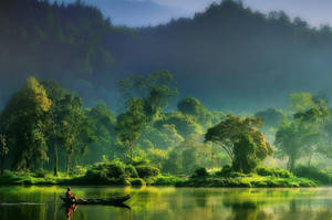 Green Nature Traditional Fisherman Painting Wallpaper