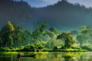 Green Nature Traditional Fisherman Painting Wallpaper