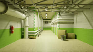 Green_ Tiled_ Industrial_ Corridor Wallpaper