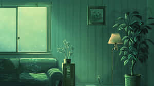 Green Toned Living Room Night Scene Wallpaper