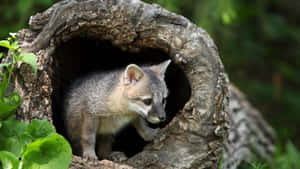 Grey Fox Cubin Hollow Log Wallpaper