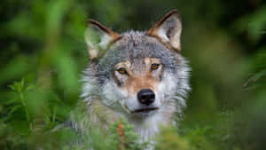 Grey Wolf Portraitin Green Foliage.jpg Wallpaper