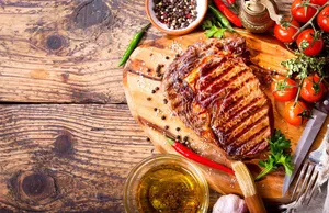 Grilled Steak Meat Wood Board Wallpaper