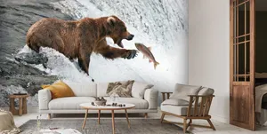 Grizzly Bear Catching Fish Mural Wallpaper