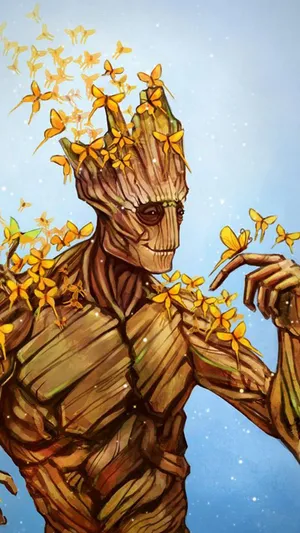 Groot With Butterflies Drawing Wallpaper