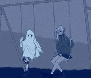 Grunge Anime Girl And Ghost On Swing Wallpaper