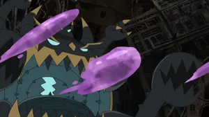 Guzzlord Unleashing Violet Projectiles In Battle Wallpaper