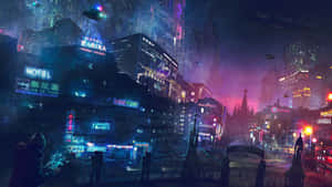 Hacking Through The City Skyline With A Cyberpunk Aesthetic. Wallpaper