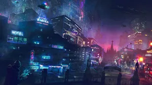 Hacking Through The City Skyline With A Cyberpunk Aesthetic. Wallpaper