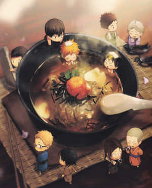 Haikyuu Characters As Miniatures In Ramen Bowl Wallpaper