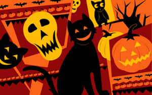 Halloween Cat And Pumpkins Wallpaper