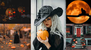 Halloween Collage Witch Pumpkins Cat Wallpaper