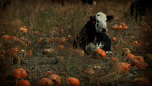 Halloween Cow In Pumpkin Patch Wallpaper
