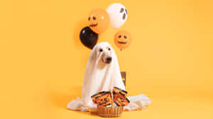 Halloween Ghost Dog With Balloonsand Treats.jpg Wallpaper