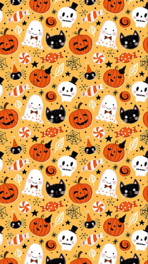 Halloween Pattern Cute Ghosts Pumpkins Cats Skulls Wallpaper