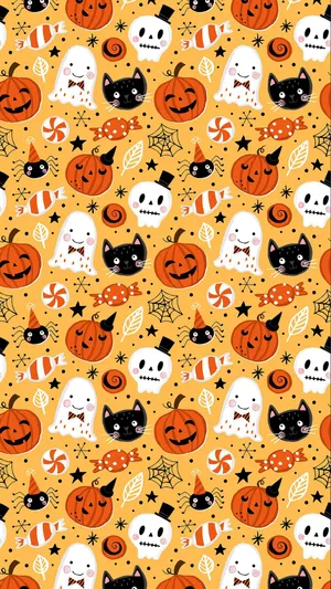 Halloween Pattern Cute Ghosts Pumpkins Cats Skulls Wallpaper