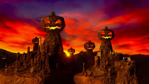 Halloween Pumpkin Mountain Sunset Wallpaper