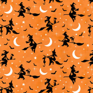Halloween Witch Pattern Orange Background Wallpaper