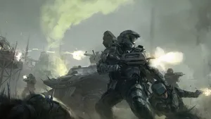 Halo Battle Scene: Intense Multiplayer Action Wallpaper